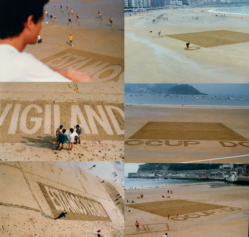 Ricardo Basbaum, Igor Vamos, Dale Yeo, Elisabeth Mc Lendon, Daniel García Andújar Cerrado - Estamos Vigilando – Ocup do (Closed – We are watching – Occup d), 1994 Video documentation of a threepart intervention with rakes at the beaches Playa de Gros and Playa de La Concha in San Sebastian in July 1994.